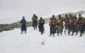Peinture à l'huile d'un paysage recouvert de neige. À un poste frontière, un groupe de soldats suisses regarde de l'autre côté de la frontière, à gauche du tableau.